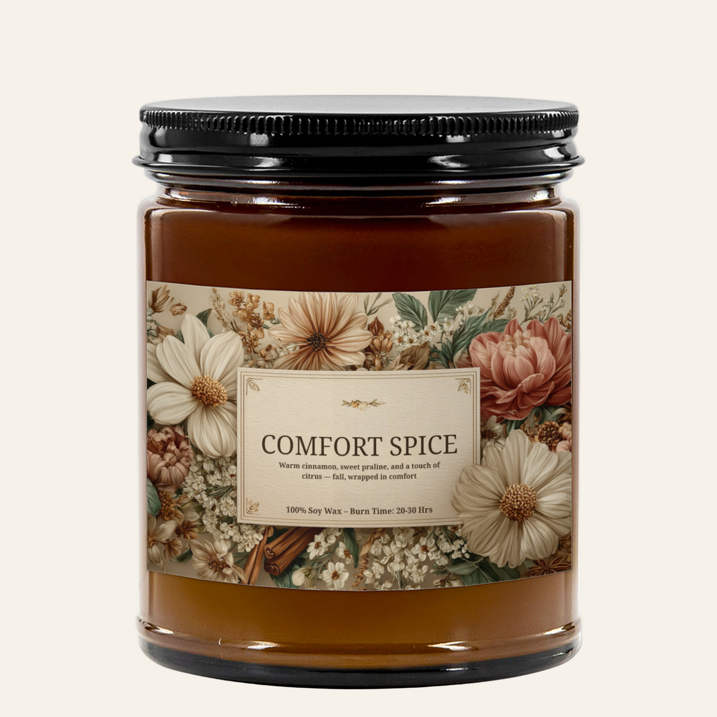Candle jar labeled 'Comfort Spice' with floral design on a white background